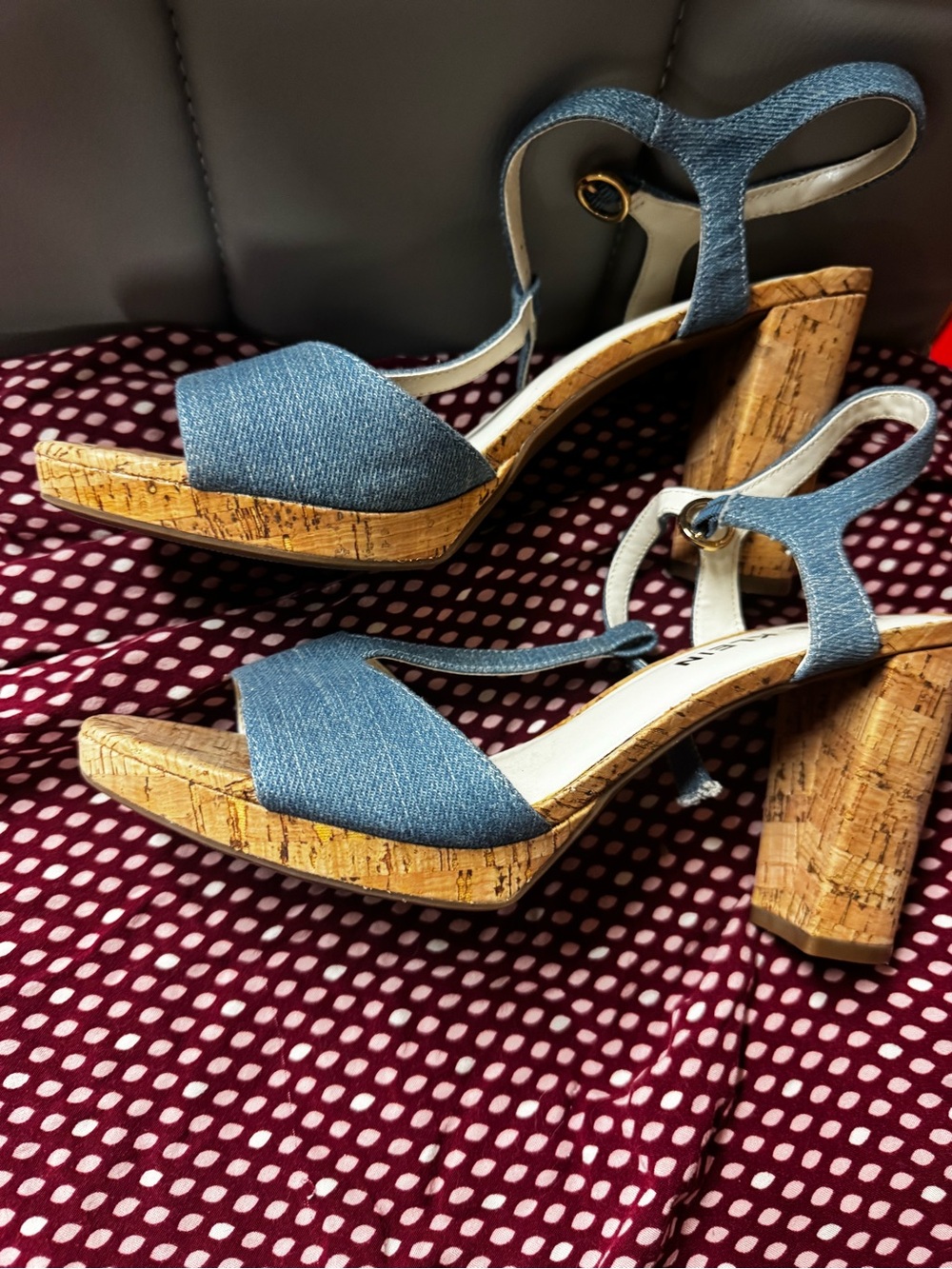 Anne Klein Denim T‑Strap Cork Wedge Sandals - Picture 3 of 6